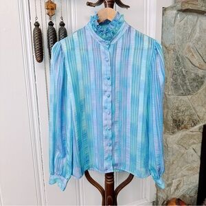 1970s Sheer Pastel Blue Iridescent Ruffle Neck Long Sleeve Blouse Medium